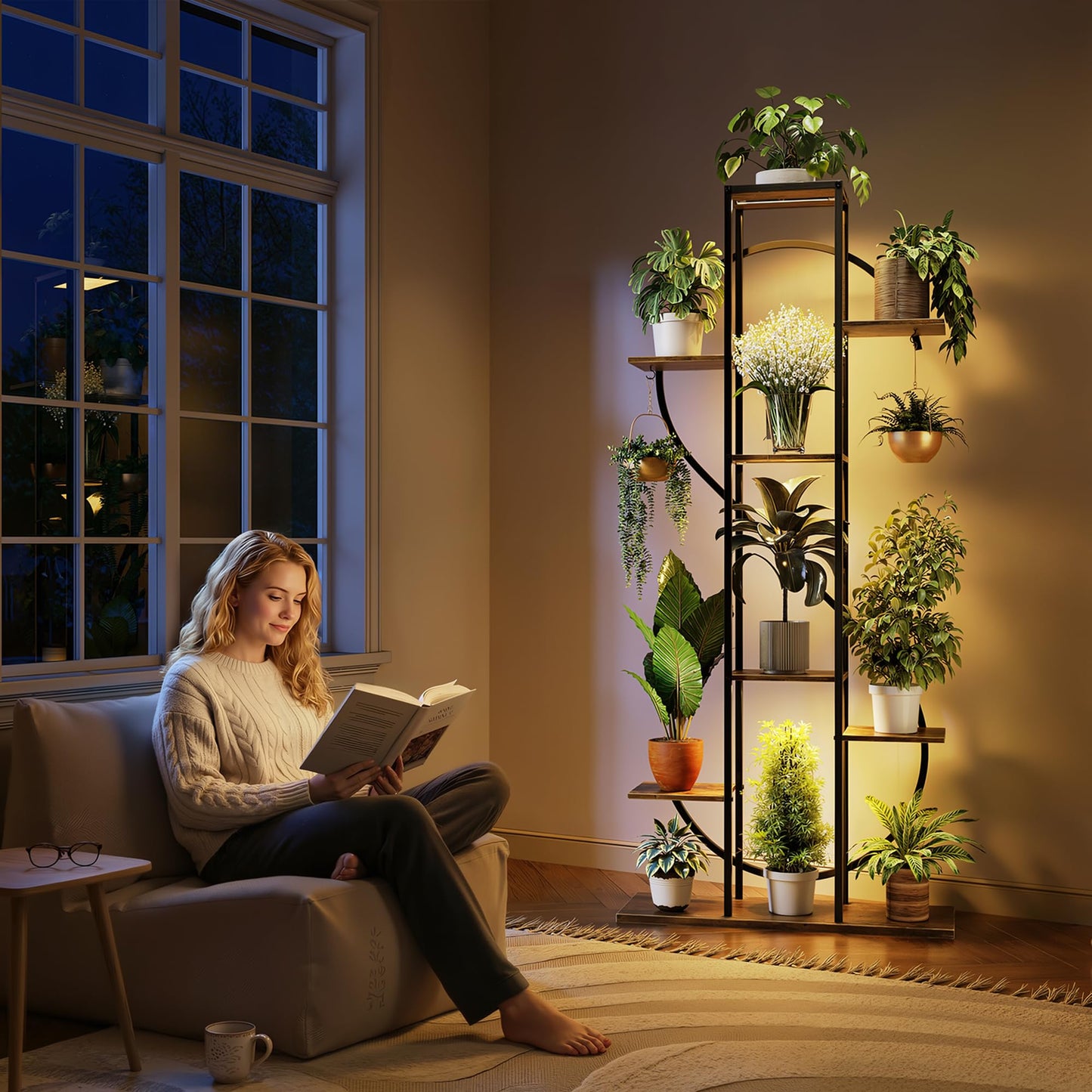 Plant Stand Indoor with Grow Lights - 62" Tall 8 Tier S-Shaped Corner Plant Shelf with 2 Hooks, Metal Flower Holder for Multiple Plants, Living Room Patio