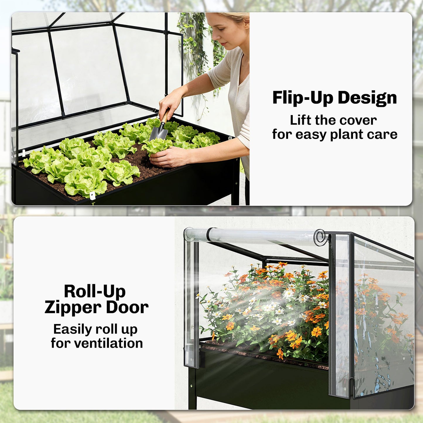 Outsunny Raised Garden Bed with Flip-Up Greenhouse Cover, Metal Elevated Garden Bed with Legs and Drainage Hole, Outdoor Raised Planter Box for Vegetables Herbs Flowers, 39.4" x 18.9" x 52.8", Black