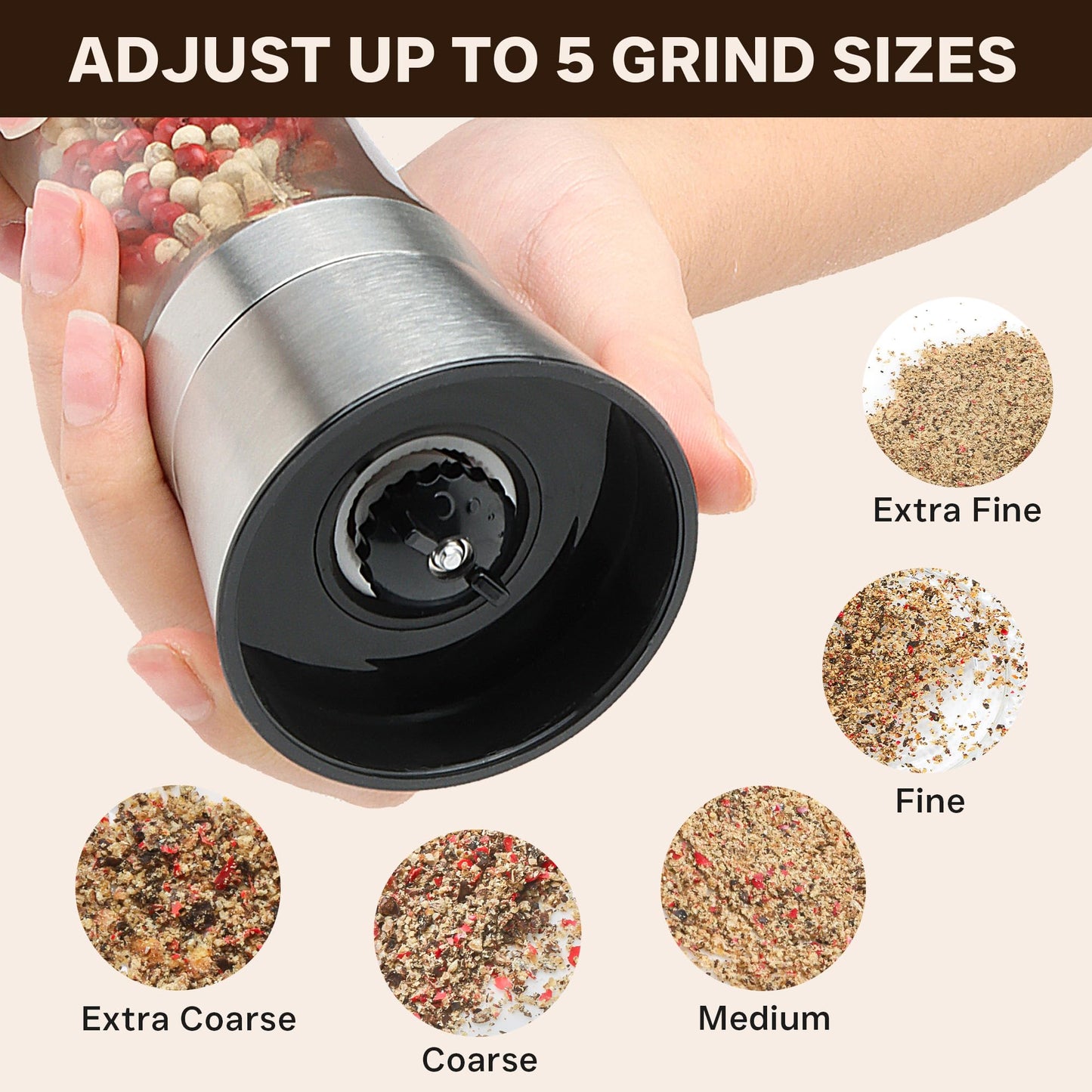 M JINGMEI Premium Stainless Steel Sea Salt and Pepper Grinder Set of 2 - Adjustable Ceramic - Tall Glass Salt and Pepper Shakers - Pepper Mill & Salt Mill W/Funnel (2.6"W x 7.5"H)