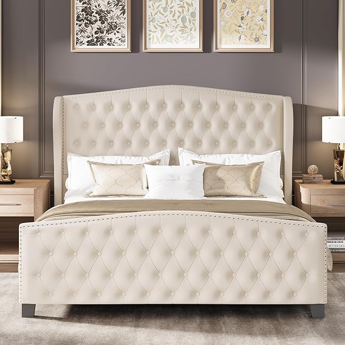 LARMACE King Size Bed Frame Velvet Upholstered Platform Bed