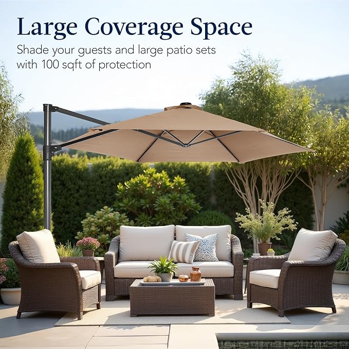 Best Choice Products 10ft Offset Cantilever Hanging Market Patio Umbrella, Smooth 360° Rotation, 8 Sturdy Ribs, Easy Adjustment - Tan