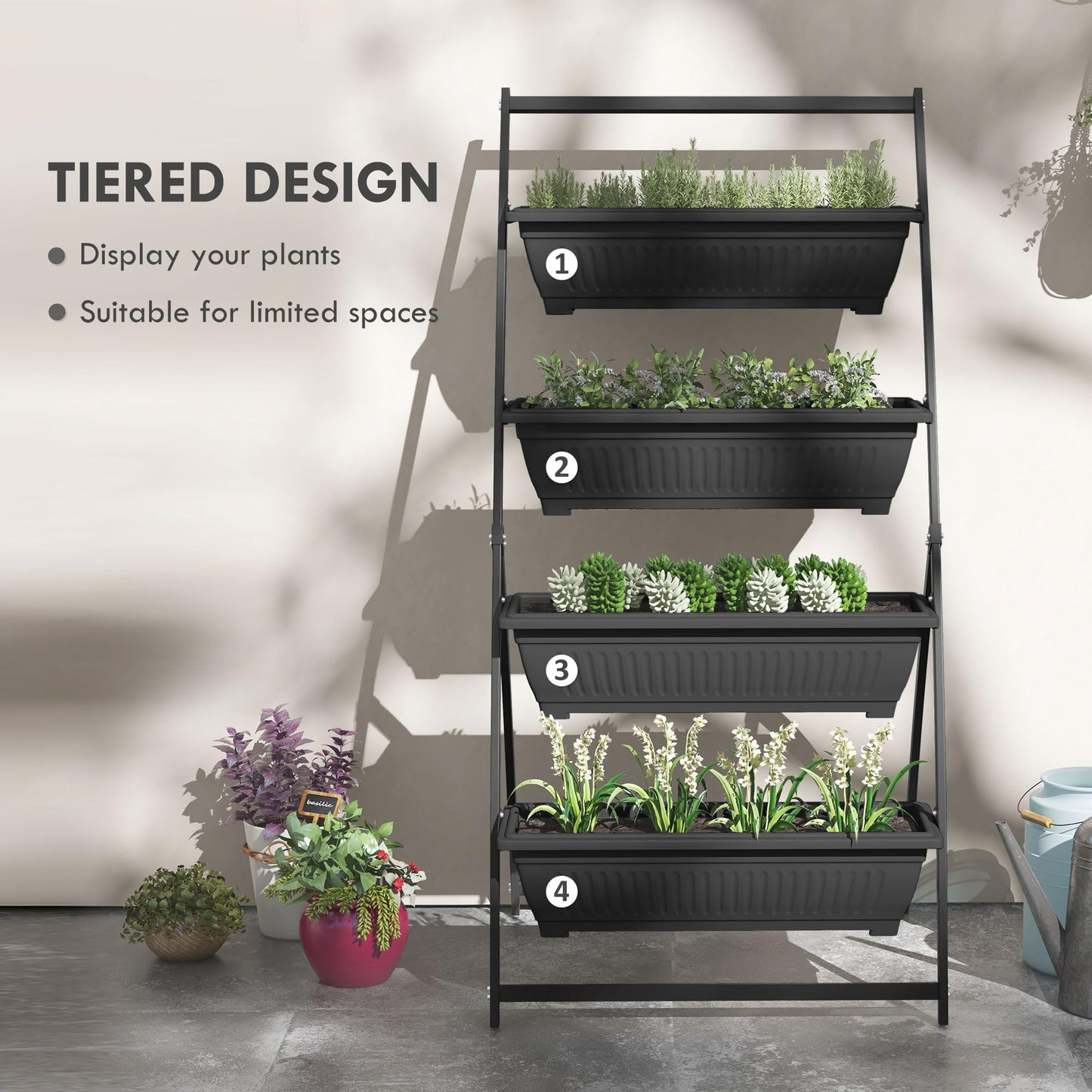 ZEnvya 4-Tier Vertical Raised Garden Bed with Stand - Self-Draining Outdoor Planter Set for Vegetables/Herbs, Black Plastic