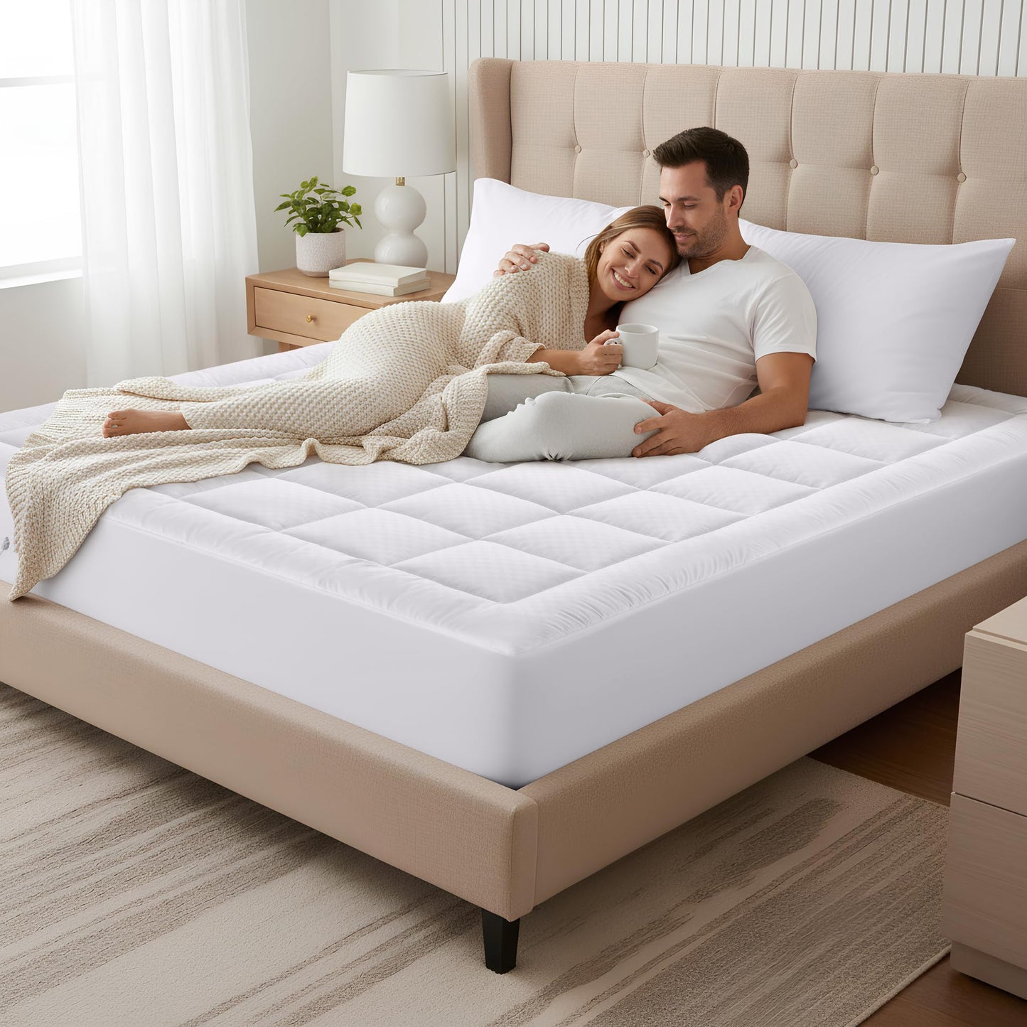 OLANLY Queen Quilted Fitted Mattress Pad – Soft Pillow Top Mattress Topper, Down Alternative Fill, Cooling Comfort Breathable Mattress Cover, Machine Washable Deep Pocket Mattress Protector, White
