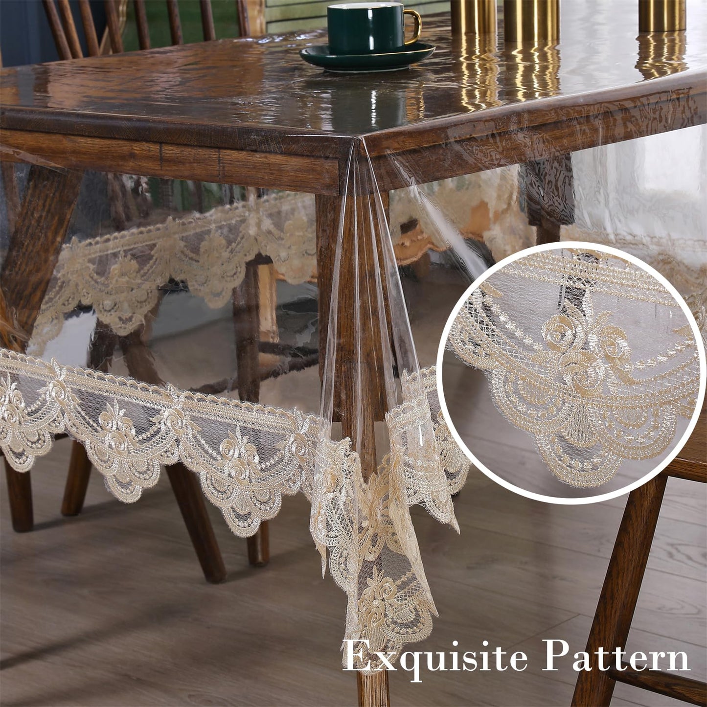 Rakila Clear Plastic Rectangle Tablecloth Vinyl Waterproof Table Cloth Embroidered Lace Edge Transparent Table Cover for Dining Kitchen Outdoor(60 x 86 inch, Coffee Style 2)