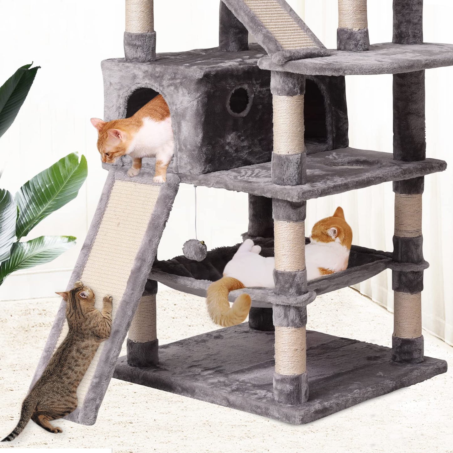 JISSBON Cat Tree Tower 178cm, Multi-Level Cat Scratching Post with Condos, Ladders, Basket, Hammock & Plush Perches for Kittens, Large Cats, Light Grey