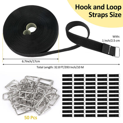 Opvixi Hook and Loop Straps 1inch x 32ft with 50 Metal Buckles, Cut to Length Cinch Straps Heavy Duty, Adjustable Fastening Cable Straps, Reusable Nylon Securing Cord Ties for Organizer, Black