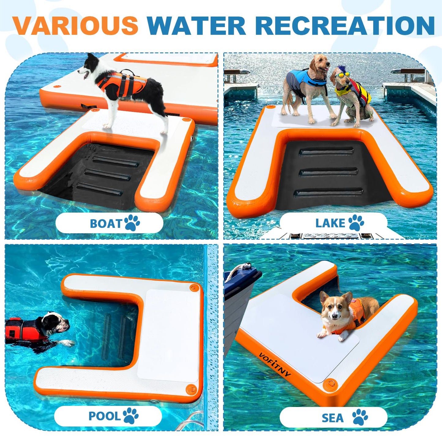 VOFiTNY Inflatable Dog Pool Ramp Portable Floating Ladder for Dogs, Puppy Docks, and Water Plank for Inground Pools and Lakes (4ft x 3.3ft x 4in, Orange)