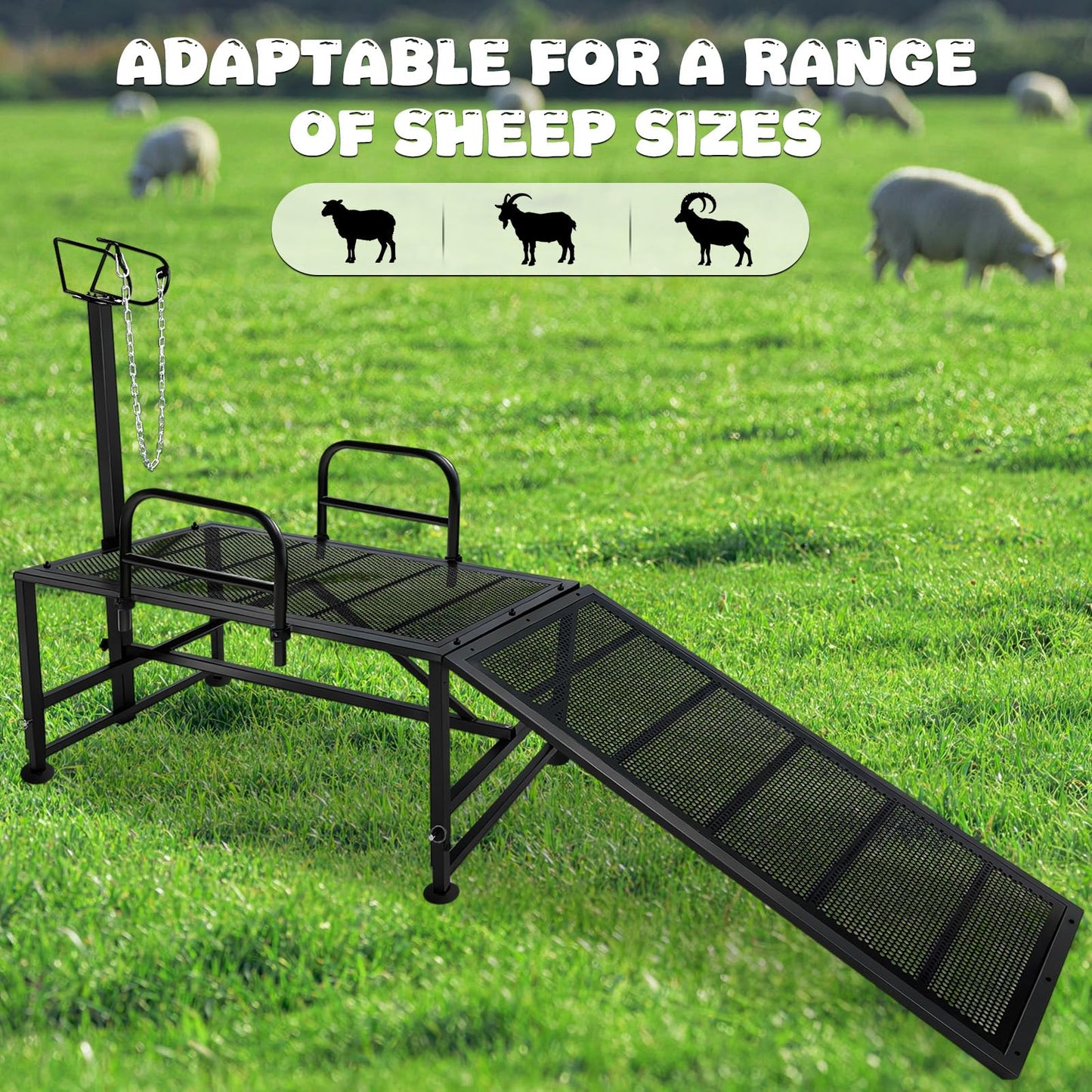 47"L Heavy Duty Goat Milking Stand with Detachable Ramp, 700lbs Capacity Sheep Trimming Station, Professional Livestock Grooming Platform with 4-Level Adjustable Headlock for Hoof Care