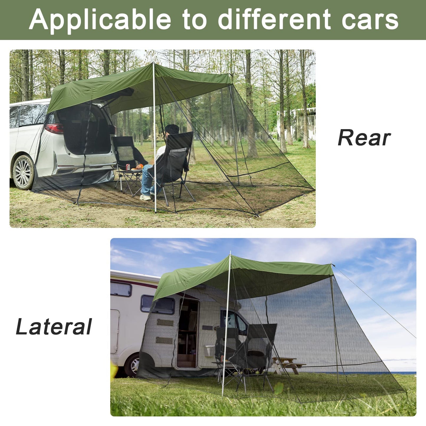 G4Free Car Awning Sun Shelter with Mosquito Net, Portable SUV Tent Tailgate Shade Canopy for Outdoor Camping Travel (Army Green)