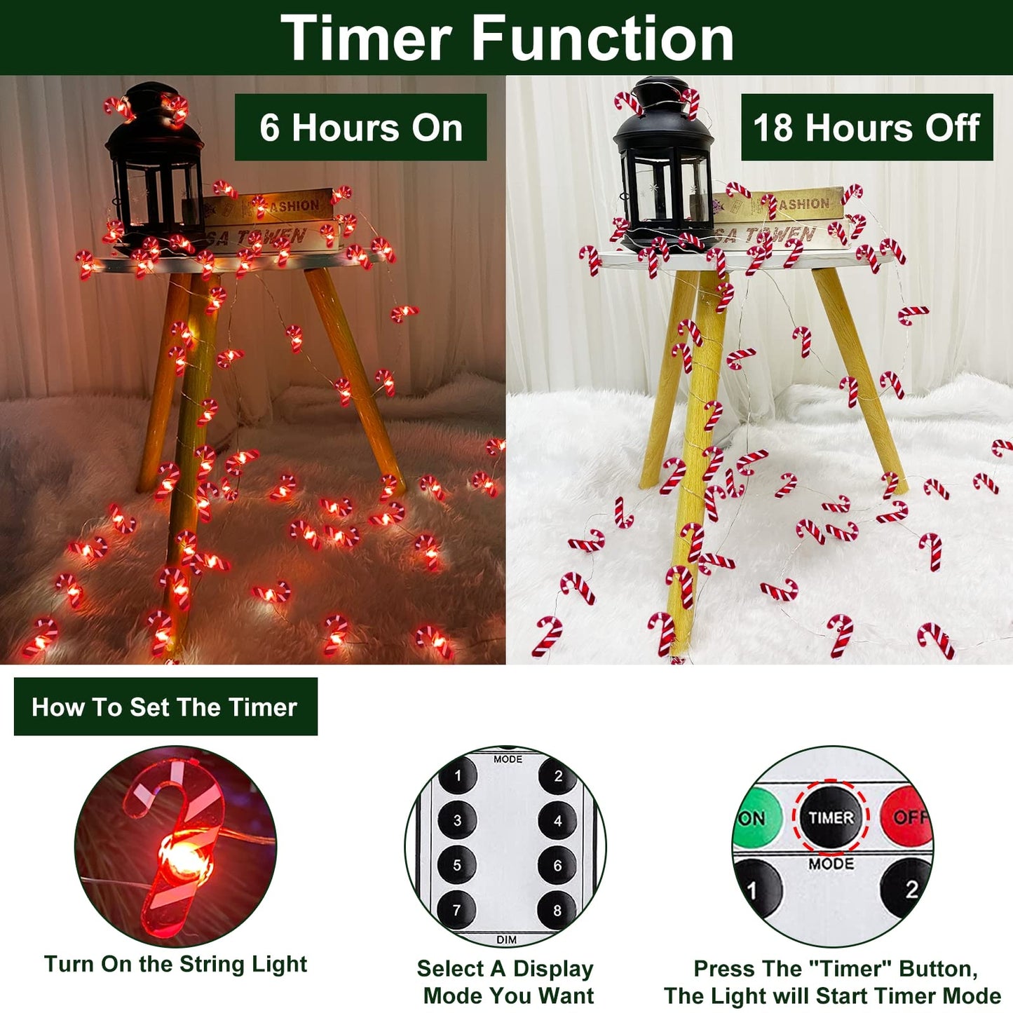 AMENON 26.2 Ft 80 Led Candy Cane String Lights Christmas Decor Battery Operated Fairy Lights Remote Control with Timer 8 Modes Holiday Xmas Decorations Indoor Outdoor Home Party Bedroom (Warm White)