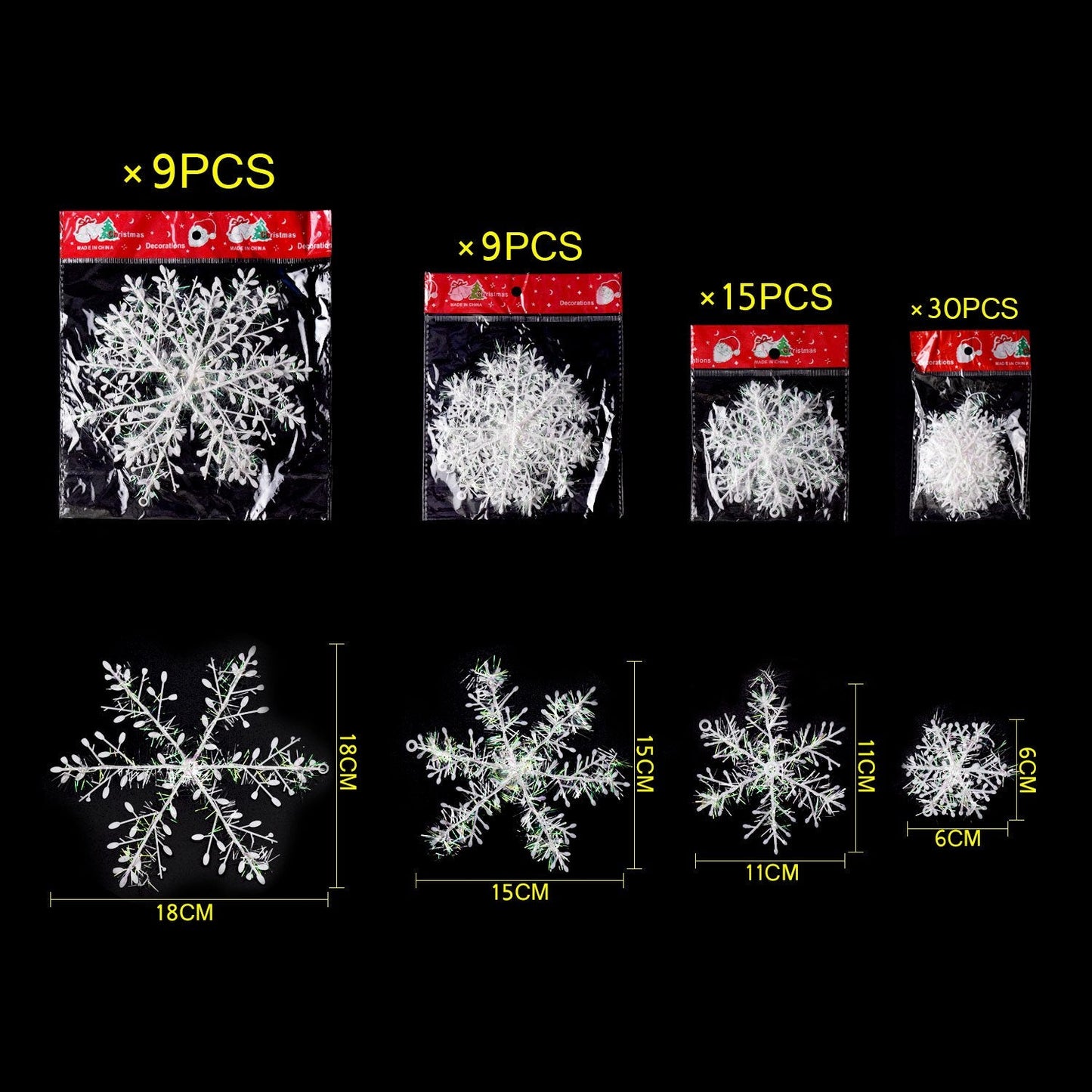 BTNOW 63 Pieces 4 Sizes White Christmas Snowflake Decorations Snowflake Ornaments Garland, 8 Meters White Strings and 60 Pieces Round Double Side Tape for Home Christmas Holiday Party Decorations