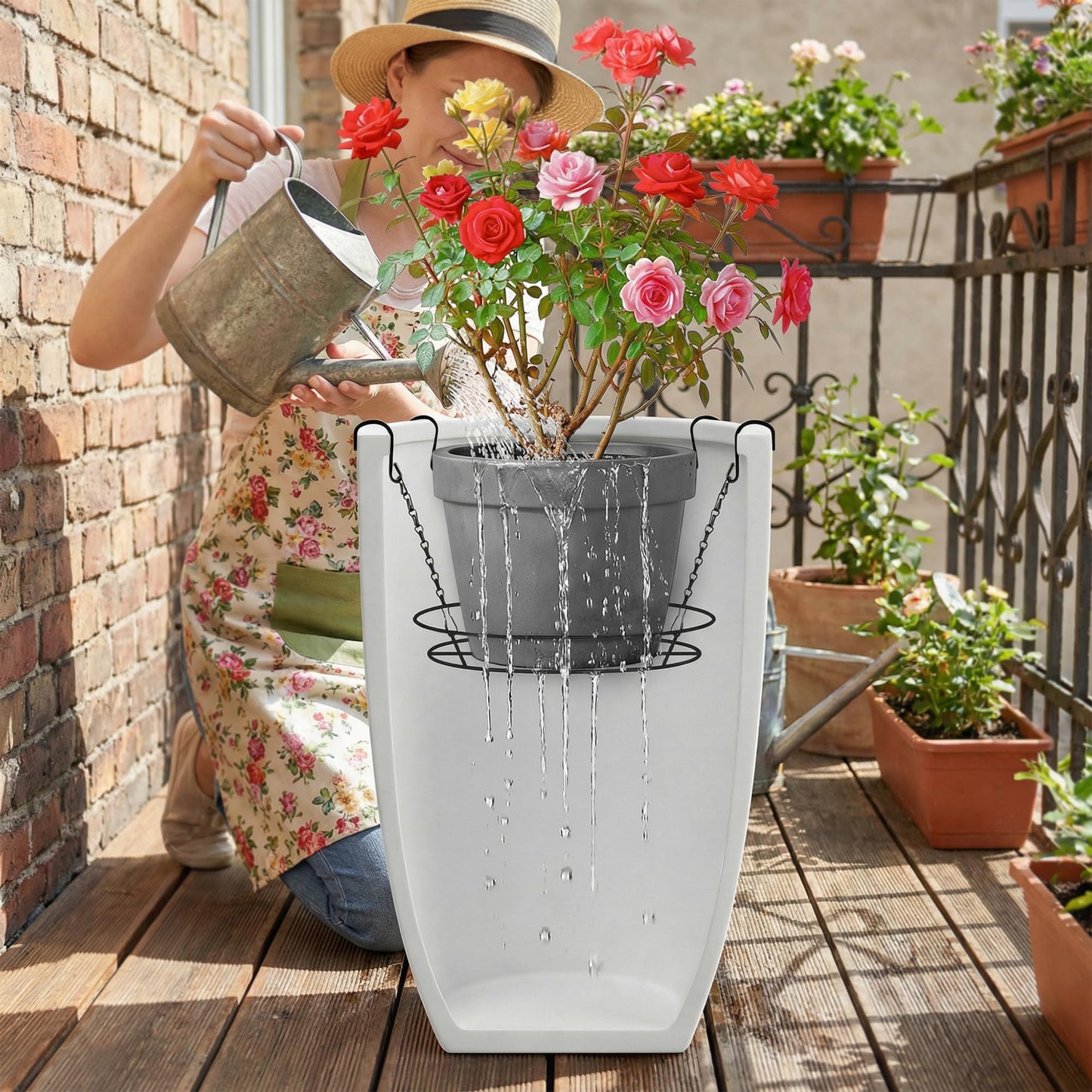 Adjustable Planter Inserts for Large Pots, 12-18" Plant Risers for Inside Pots, Black Stainless Steel Planter Insert with 4Hooks, Chain Pot Fillers for Tall Round Planters to Reduce Soil (1, black)