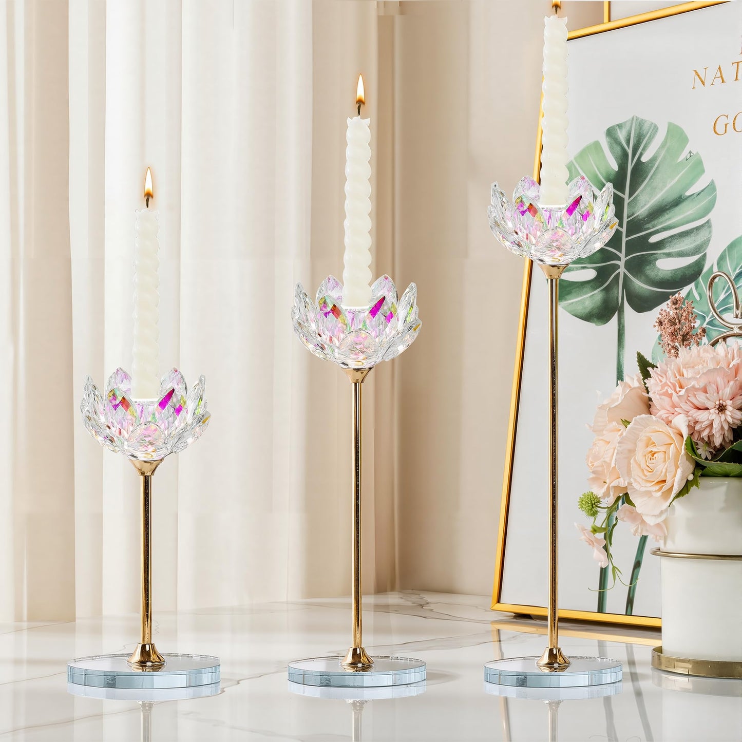 3pcs Crystal Candle Holders, Lotus Flower Candlestick Holders with Mirror Base, Metal Stand, Elegant Table Centerpieces for Home Decor, Wedding, Party (Taper Candle)