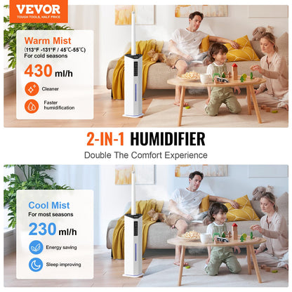 VEVOR Humidifier for Home Large Room, Commercial Humidifier for Whole House 1291.7 sq ft, 16L Water Tank & Night Light & 12h Timer & Auto Shut-Off, Greenhouse, Commercial Branch Tube w/ 360° Nozzle