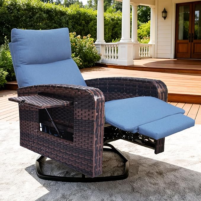 Outdoor Recliner Chair, Wicker Patio Recliners with Adjustable Backrest and Extended Foot Rest, Reclining Patio Chairs with Flip Table & Removable Cushion Cover for Porch