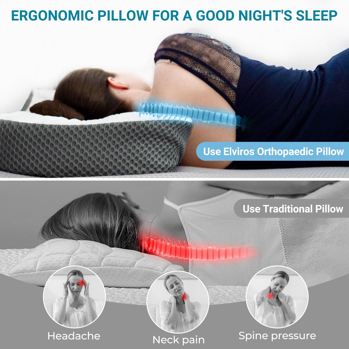 Elviros Cervical Memory Foam Neck Pillow for Side Sleeping, Orthopedic Pillows for Back and Stomach Sleepers, Adjustable Ergonomic Bed Pillow Pain Relief (Dark Grey)