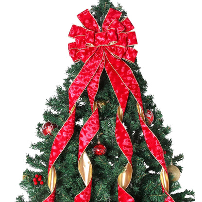 Christmas Tree Topper Christmas Wreath Bow, 52 * 13 inches Tree Toppers Bow with Grinding Ring Patterned Velvet Ribbon for Xmas Tree Christmas Rustic Farmhouse Home Holiday Party Decorations Red