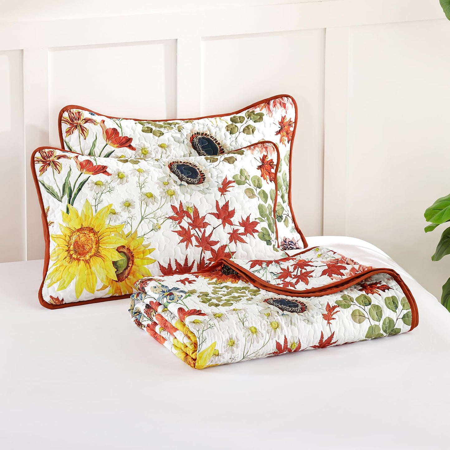 Yiran Fall Floral Quilt Set King Size, Orange Red Sunflower Botanical Bedspread Bedding Set, 3 Pieces Soft Lightweight Microfiber Coverlet with 2 Pillow Shams for All Season 106x90 Inch