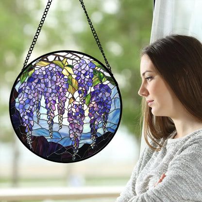 AMDERVEN Stained Glass Window Hanging, Wisteria Flower Sun Catcher for Door Home Decor Purple and Blue Suncatcher Christmas Mother's Day Birthday Gifts for Women Men Mom and Nana 9.8 in