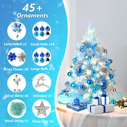 2FT Snow Flocked Christmas Tree, Blue Mini Christmas Tree, Artificial Tabletop Christmas Trees with 60 LED Lights,100 Branch Tips, 47 Ornaments, Small Prelit Xmas Tree for Home Party