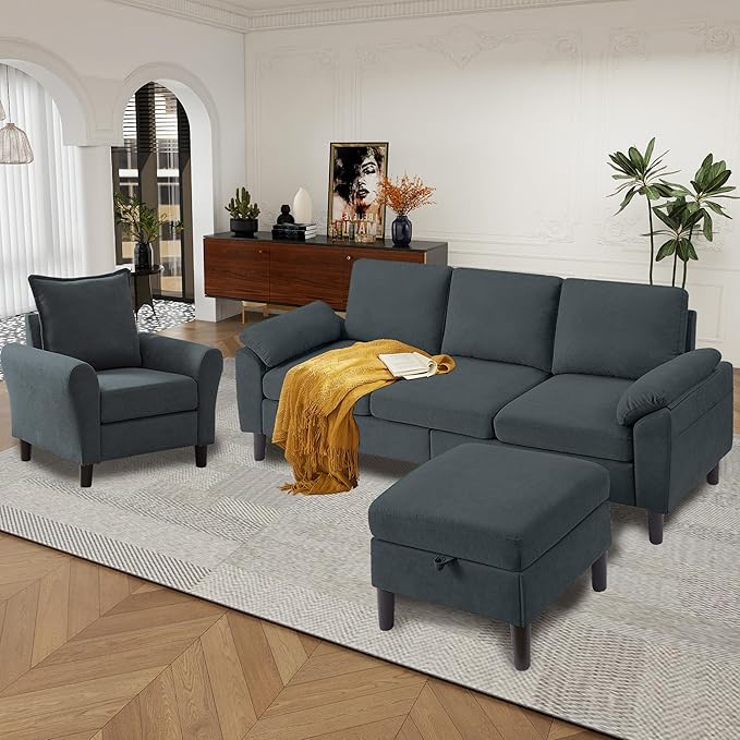 79" Convertible Sectional Sofa Set, Modern Linen Small L Shaped Couch