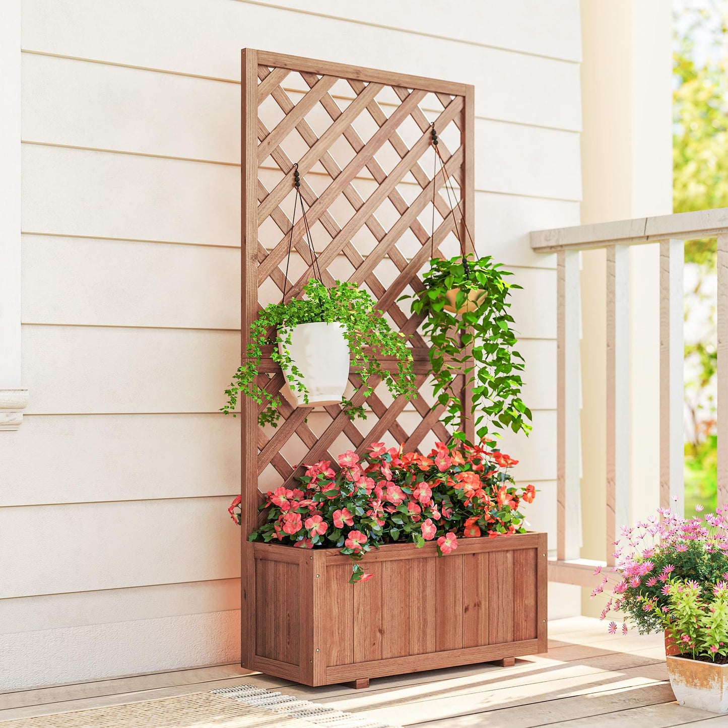 Outsunny Wooden Raised Garden Bed with Trellis, 59" Outdoor Planter Box with Drainage Holes, Planter Raised Bed for Climbing Vine Plants Flowers, Orange