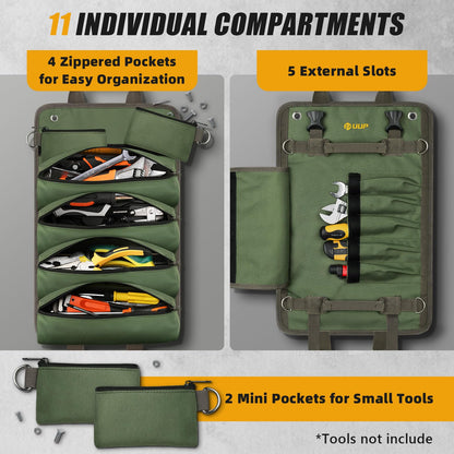 Tool Bag Roll Up, UUP Heavy Duty Portable Soft Tool Storage, Foldable Empty Rollup Organizer with Small Pockets, Official Rollable Toolbag, Father Day Gifts for Him Dad Men Mechanic Welding, Green