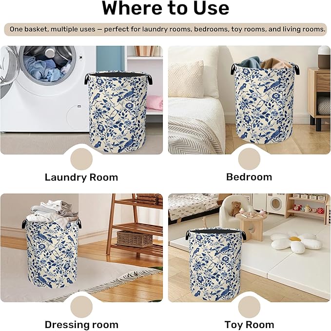 Navy Blue Beige Birds Laundry Basket