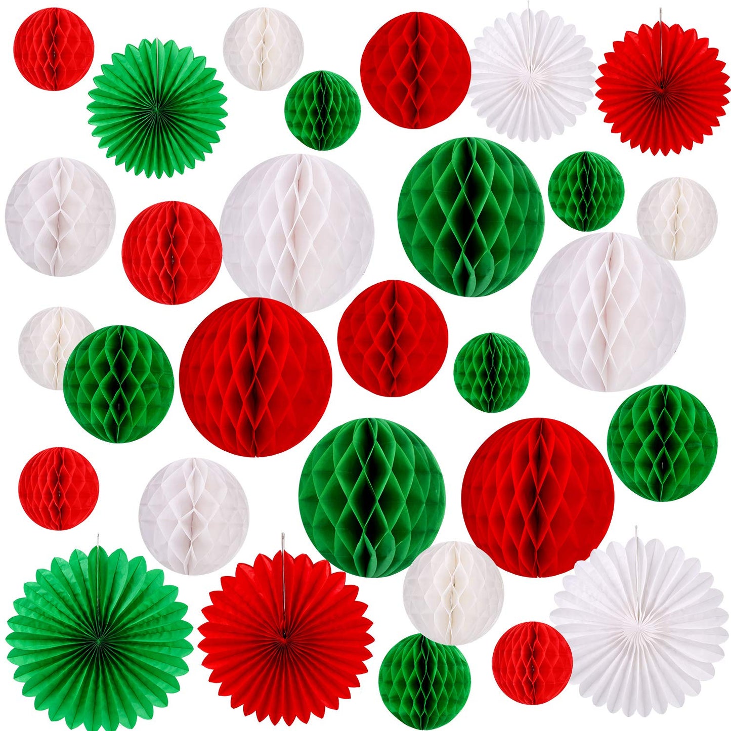 Konsait 30pcs Christmas New Year Hanging Decoration Paper Honeycomb Balls Paper Fans Kit for Xmas Party Decor Supplies Baby Shower Birthday Wedding Home Decoration Red White Green Decor