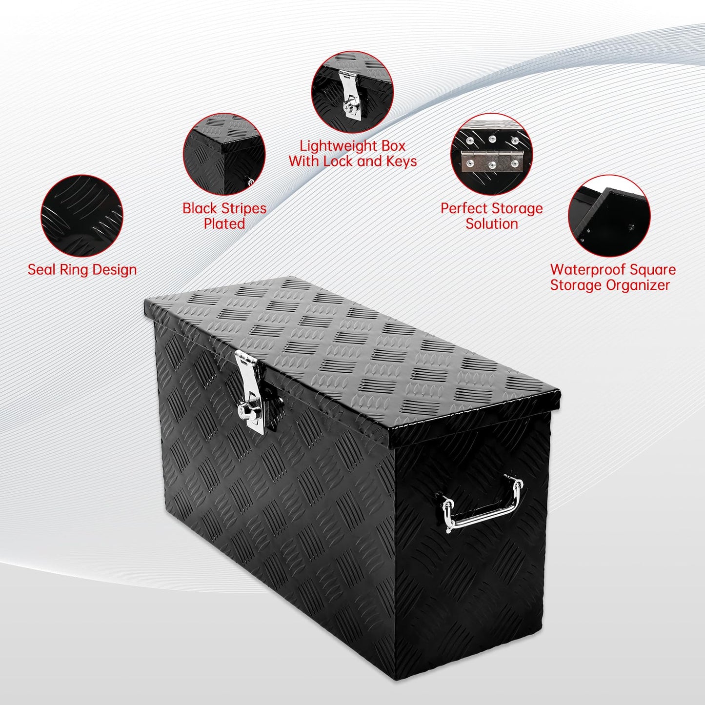 BIGREAT 24'' Inch Stripes Plated ATV UTV Aluminum Tool Box Truck Bed Toolbox Waterproof Square Storage Organizer with Lock and Keys Black(‎24" L x 9.5" W x 12.5" H)