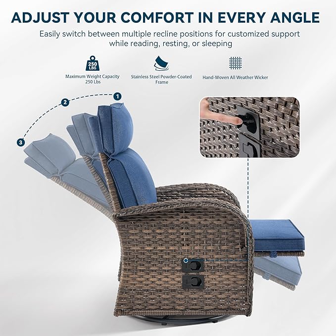 Zero Gravity Patio Swivel Rocking Recliner Chair - Wicker Outdoor Lounge Chair with Adjustable Backrest & Footrest, All Weather Reclining Rocker Chairs with Thick Cushion for Pool Deck Blue