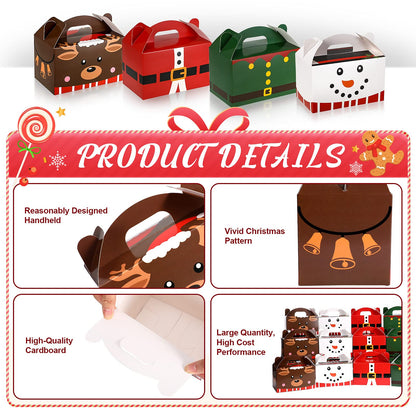 Clabby 24 Pcs Christmas Treat Boxes with Handles 3D Christmas Cookie Gift Boxes Cardboard Goodie Candy Bags Xmas Santa Elf Snowman Elk Gingerbread Holiday Party Favor Supplies, 4 Design(Cute Style)