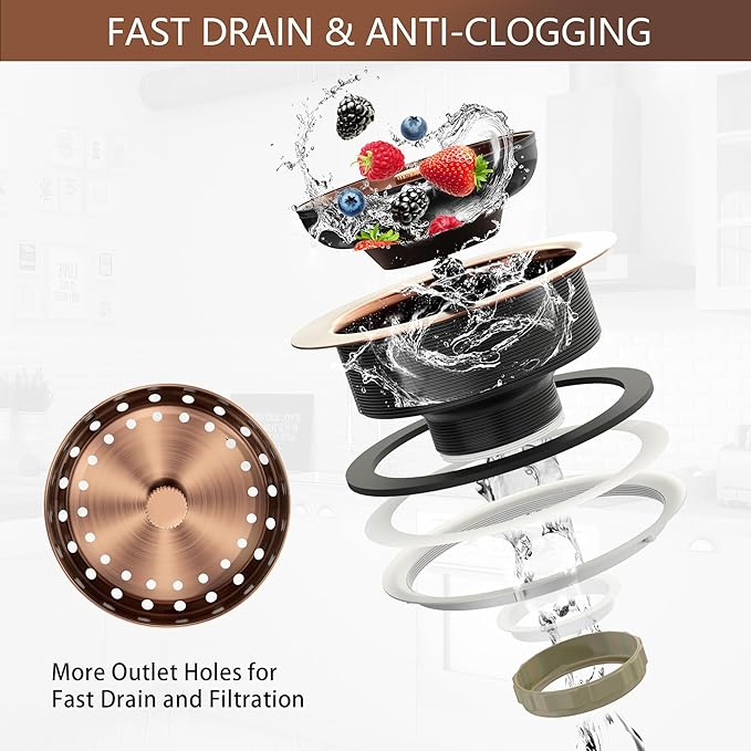 Kitchen Sink Drain Copper 3-1/2 Inch Stainless Steel Kitchen Drain Strainer