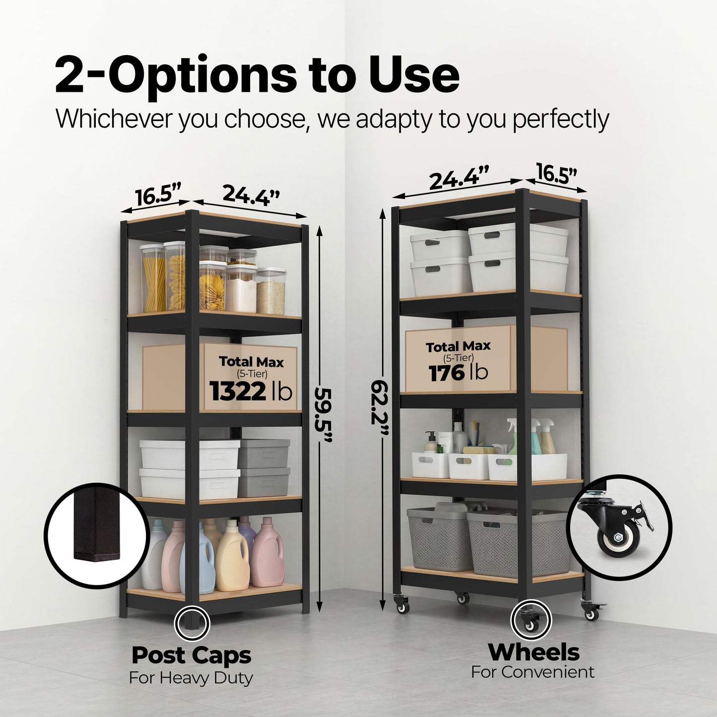 HOMEDANT House 24.4" W 5 Tier Heavy Duty Garage Shelving Adjustable Metal Rack Storage Shelves Standing Shelf Unit Organizers Pantry Closet Office Black 1Pack