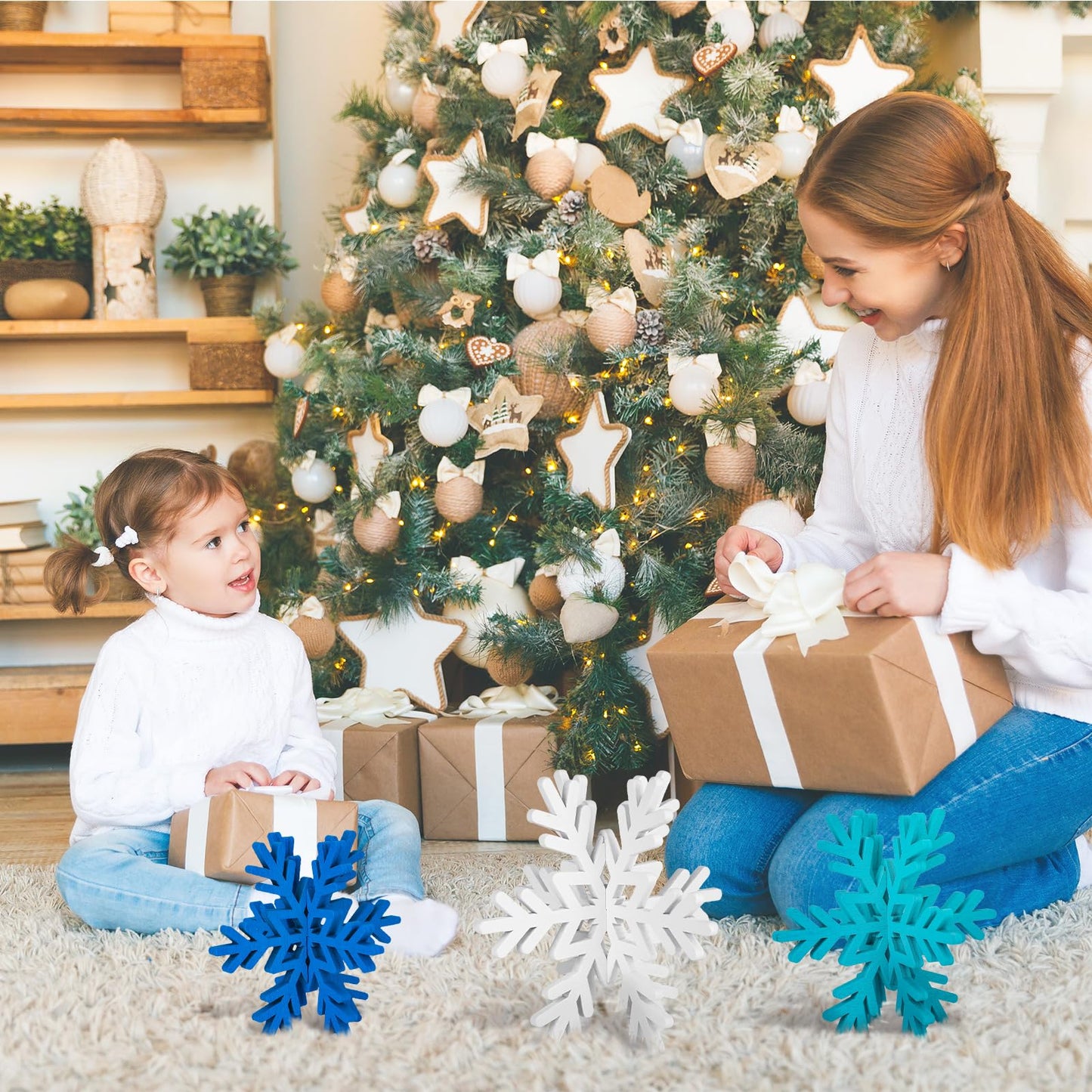 Qunclay 20 Pcs Wooden Snowflake Decorations 3D Snowflake Tabletop Decor Winter Signs and Centerpiece for Winter Wonderland Decorations Xmas Tiered Tray Decor(Dark Blue, Light Blue, White)