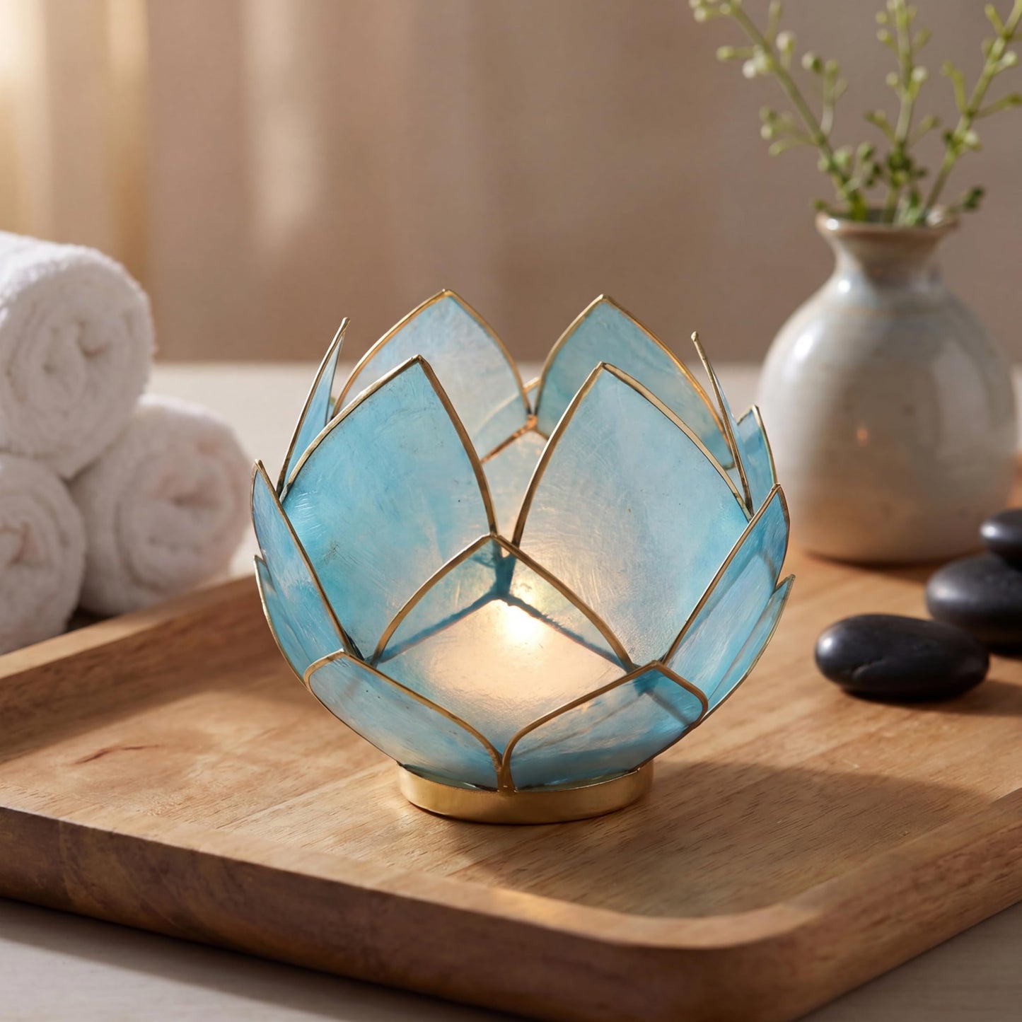 Blooming Lotus Capiz Shell Tealight Candle Holder, Handcrafted Decorative Tea Light Candleholder with Translucent Flower Petals for Ambient Illumination and Natural Elegance, Aquamarine