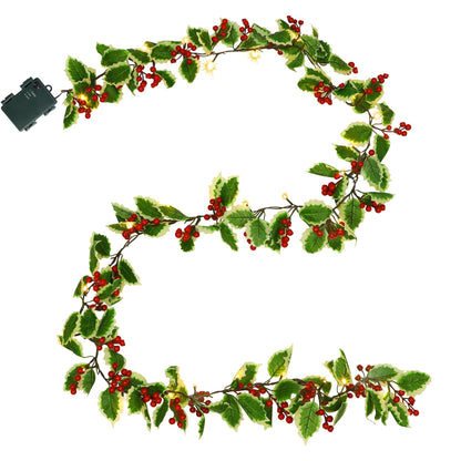 Juegoal Christmas Garland, 9FT Pre-lit Red Berries & Holly Leaves Garlands, Artificial Lighted Berry Garland Battery Operated with Timer, Indoor Outdoor Xmas Fireplace Gate Home Winter New Year Decor