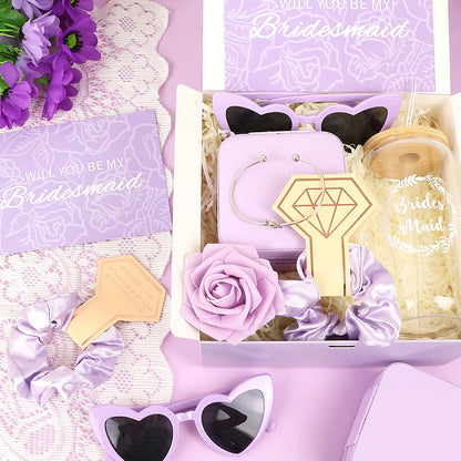HOMENERGY Bridesmaid Proposal Gifts Set 6 - Will You Be My Bridesmaid Kit with Elegant Box Jewelry Box Glass Cup Invited Cards Knotted Bracelets Sunglasses Scrunchies Raffia Grass (Purple, 54 Pcs