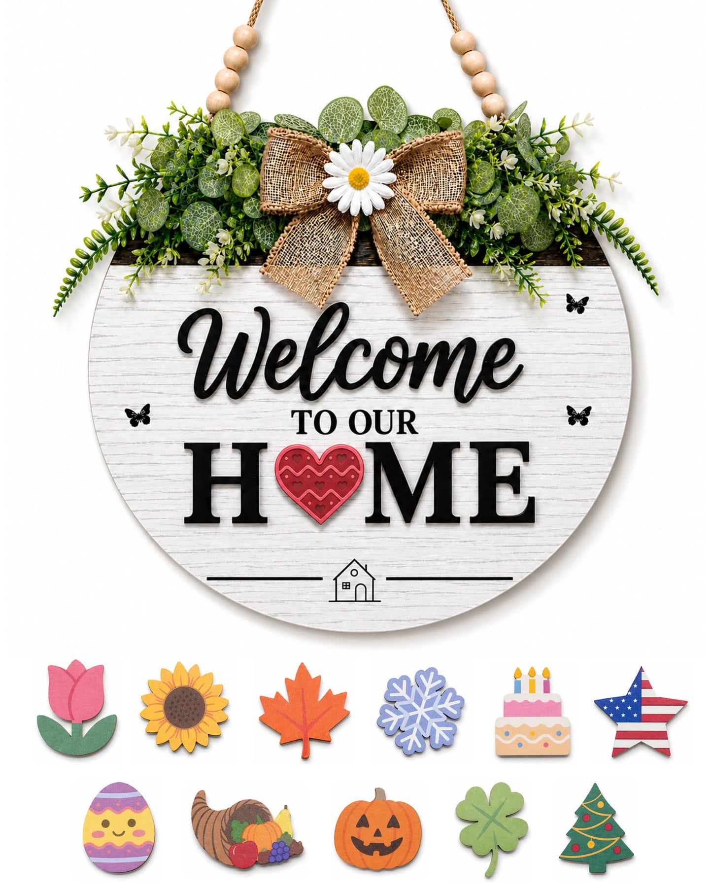 Interchangeable Welcome Sign for Front Door, Round Farmhouse Door Hanger with 12 Changeable Seasonal Magnets, Welcome to Our Home Porch Decor, Rustic Wood Look Wall Sign for Entryway and Housewarming Gift