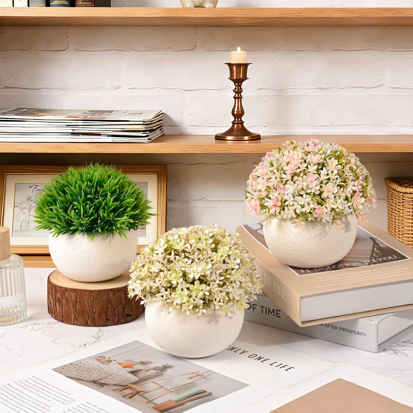 JIUYUETIAN Fake Plants-3-Pack Mini Artificial Pulp Pot Decor, 2 Lilac Flower Balls & 1 Grass, No Maintenance for Desk Bathroom Home Office Shelf