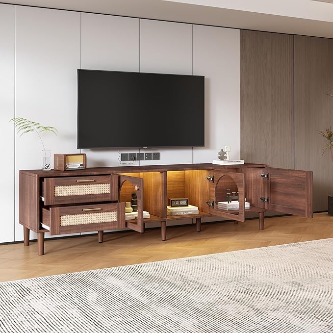 Merax Rattan TV Stand with LED Lights, Solid Wood Feet, Living Room, Bedroom