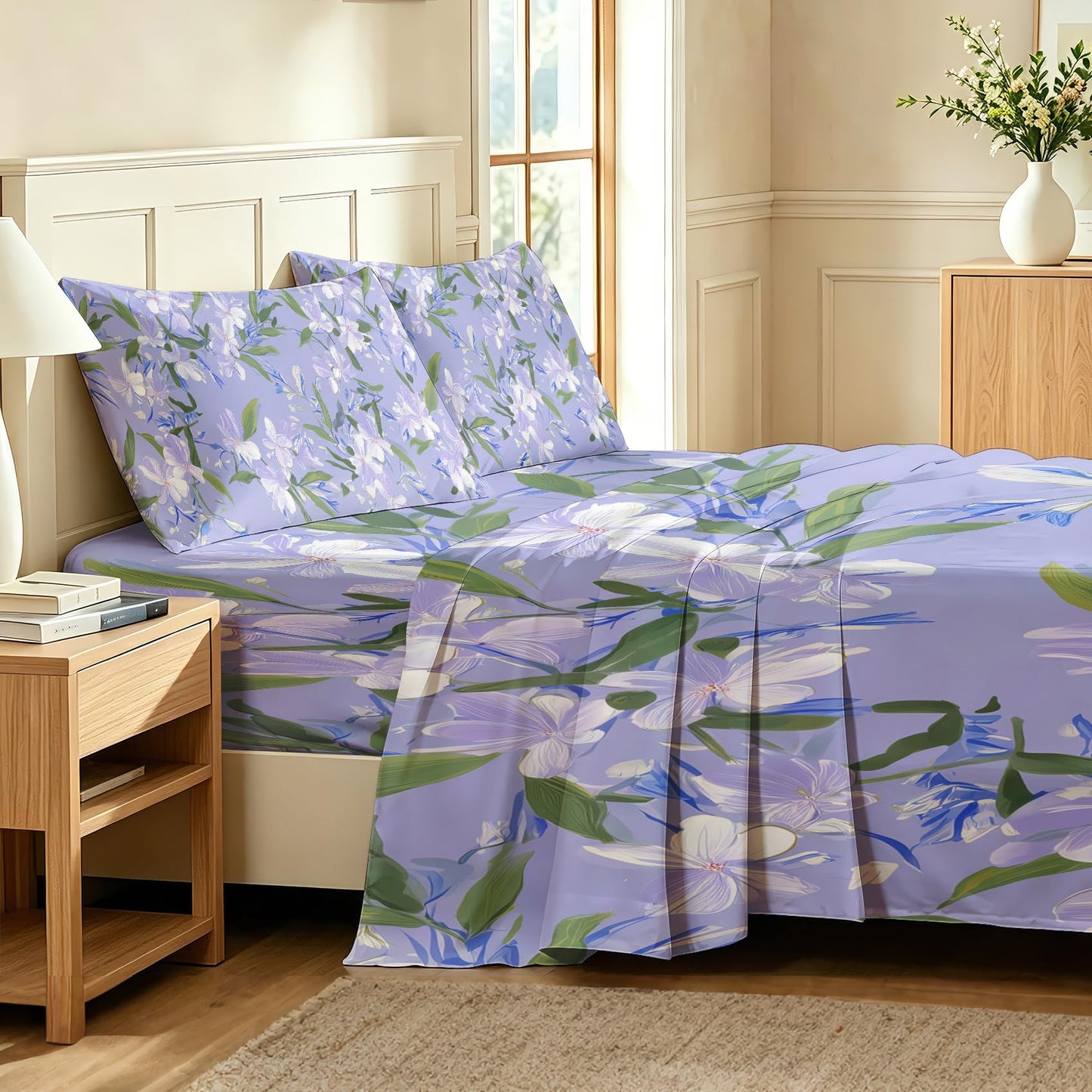 Purple Floral California King Bedding Set Romantic Flower Sheet Sets