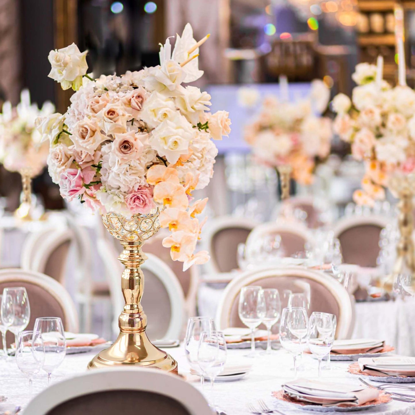 Kehail 6pcs Elegant Crystal Trumpet Metal Centerpiece Vases, Wedding Table Decoration Flower Stand Tulip Shape Decor Artificial Flower Arrangement Vase for Wedding Restaurant Vase Home Decor (Gold)