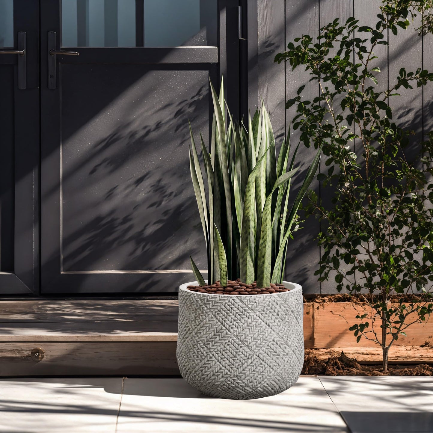 LuxenHome 14-Inch Dia Round Concrete Planters, Large Outdoor Indoor Decorative Plant Pots with Drainage Holes and Rubber Plug, Modern Gray Glen Woven Pattern Flower Pot Planters for Home Garden Patio