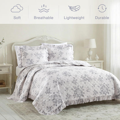 HORIMOTE HOME Greyish Blue Ruffled Quilt King Size with 2 Pillow Shams, Shabby Chic Reversible Floral Bedspread Coverlet, Soft Lightweight Comforter Bed Cover for All Season, 3 Pieces, 106x96 inches