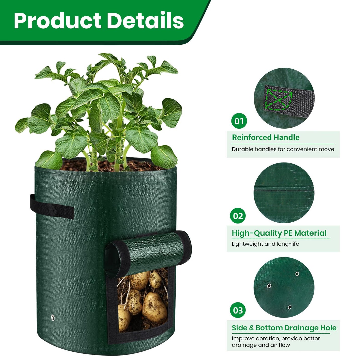 BIJOKETTEN 10 Gallon 3-Pack Potato Grow Bags, Heavy Duty PE Fabric Pots with Flap and Handles, Green Planter Bags for Potato Vegetables Outdoor Garden, 17.7''x13.8'' Large for All Plants Growing