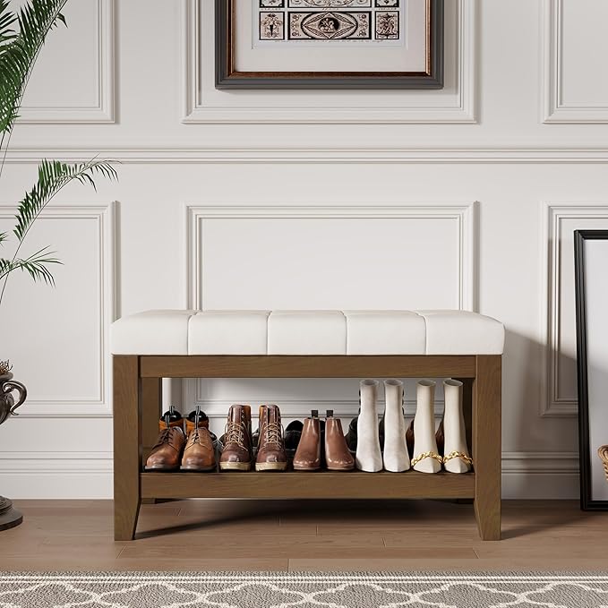 ABHENG Solid Rubber Wood Shoe Bench, Soft Chenille Material Upholstered Seat