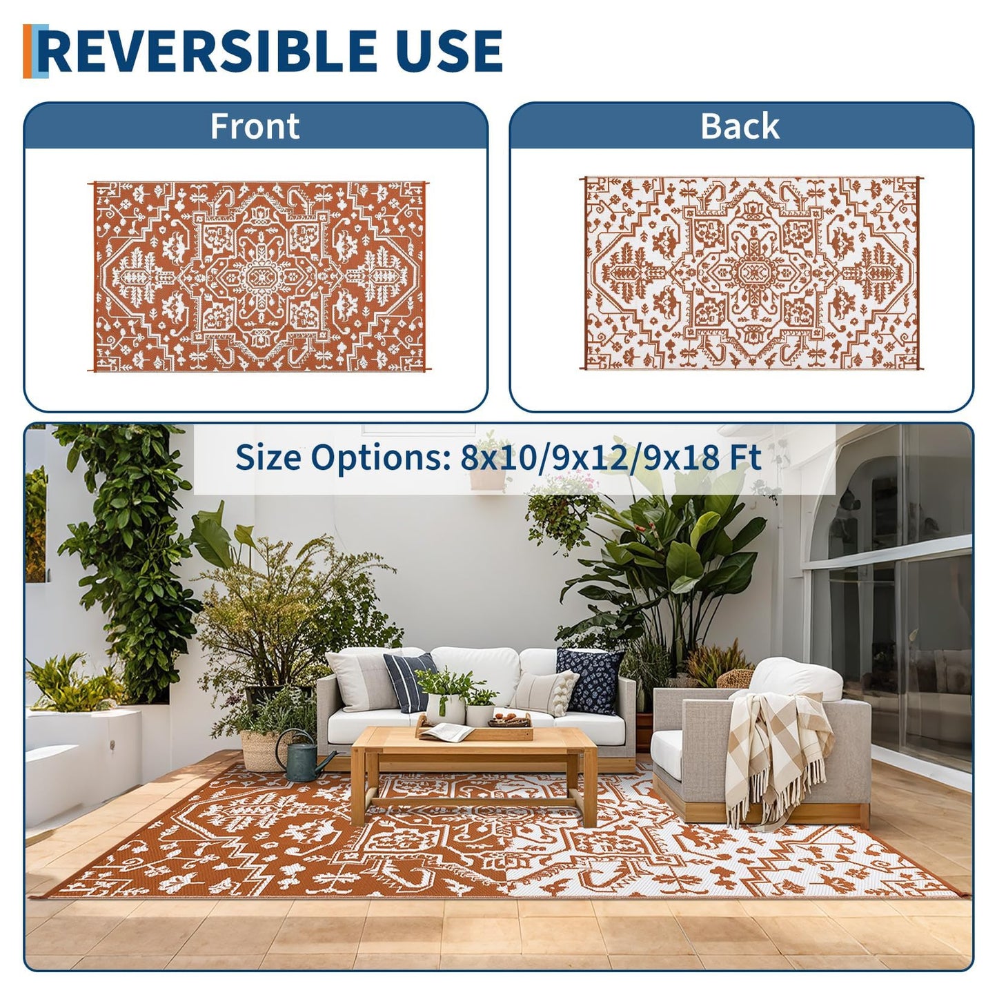 IDEALHOUSE Outdoor Rug 9x18 Ft, Waterproof Plastic Reversible Rug, Persian Style Camping Mat for Outdoors, RV, Patio, Backyard, Deck, Picnic, Beach, Trailer(Orange Red & White)