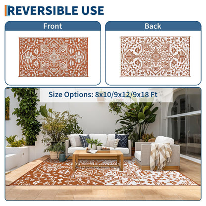 IDEALHOUSE Outdoor Rug 9x18 Ft, Waterproof Plastic Reversible Rug, Persian Style Camping Mat for Outdoors, RV, Patio, Backyard, Deck, Picnic, Beach, Trailer(Orange Red & White)