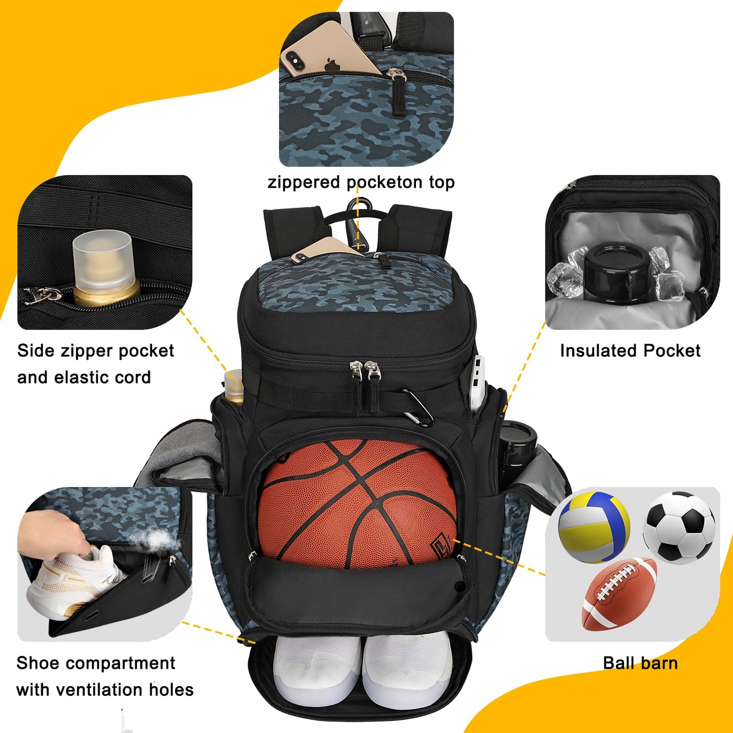 Goloni Basketball Backpack,Large Sports Bag with Ball Compartment & Shoe Compartment, Best for Basketball, Soccer, Volleyball,Gym, Travel